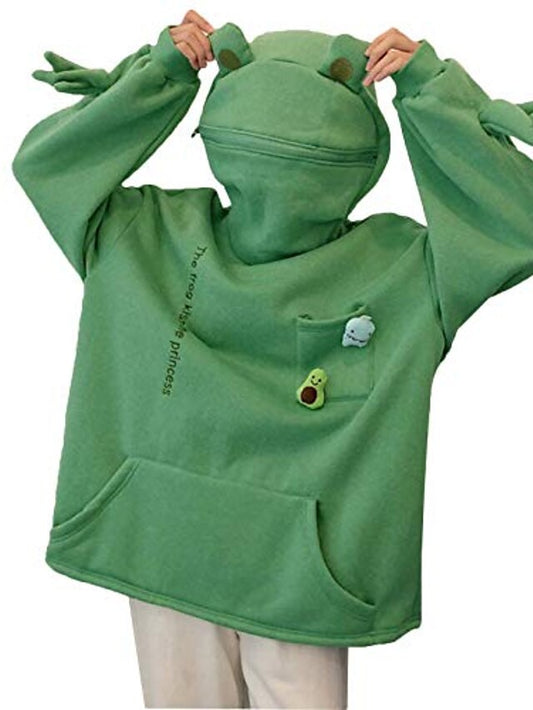 funny frog hoodies coat harajuku hooded lazy sweatshirt with flap pocket hoodie pullover warm windbreaker (green 1, m) for Women - LuckyFash™