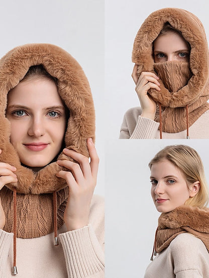 High Quality Winter Fur Cap Mask Set Hooded for Women Knitted Cashmere Neck Warm Outdoor Ski Windproof Hat Thick Plush Fluffy Beanies - LuckyFash™