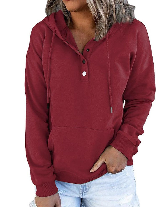 Hoodie Button Pocket Solid Colored Basic Hooded Standard Winter Wine Red Green Black Blue Pink for Women - LuckyFash™
