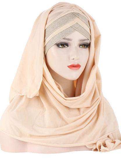 Forehead Cross Hair Wrap Scarf Solid Color Glitter Sequins Jersey Hijabs Muslim Headband Women Turban Hair Cap Headscarf - LuckyFash™