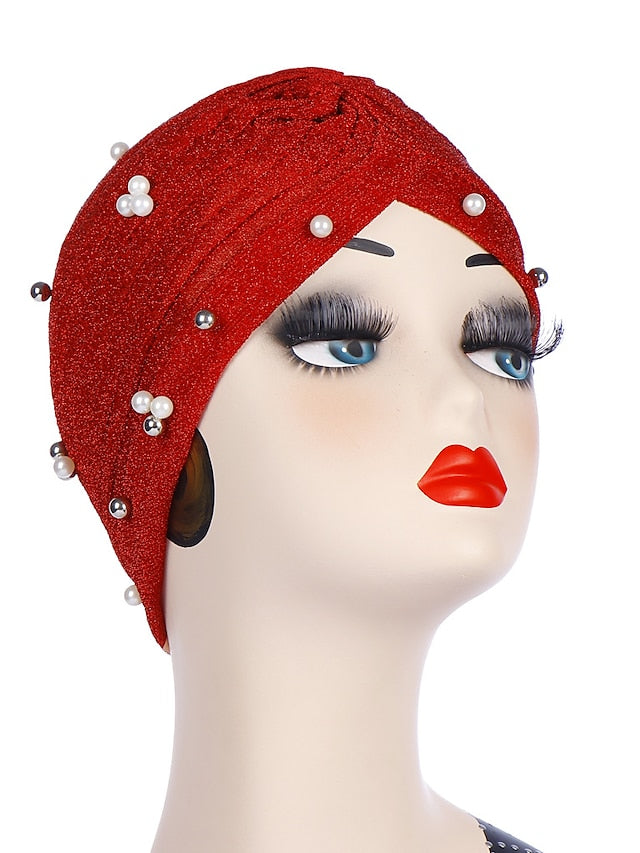 Fashion Women Turban Gold Shiny Hat for Lady Pearl Beading Bright Hat Indian Style Muslim Thin Head Wraps - LuckyFash™