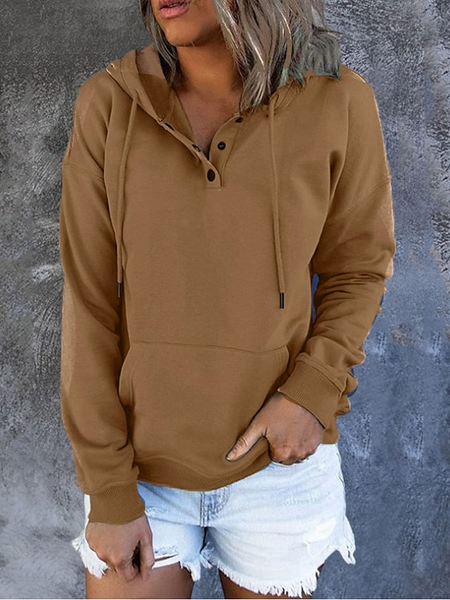 Women's Hoodie Pullover Button Up Hoodie Casual Wine Red Black Blue Solid Color Plain Casual Hooded Long Sleeve - LuckyFash™