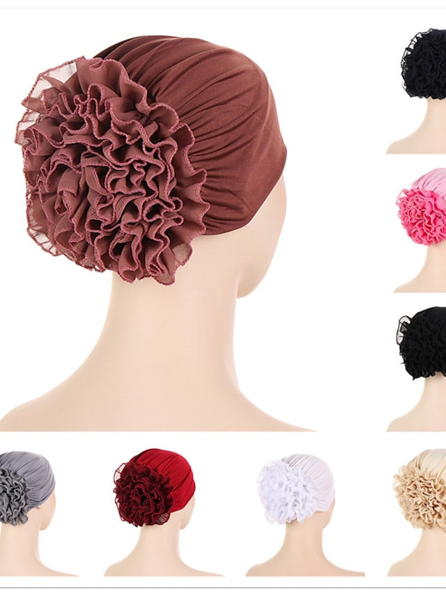 Woman Big Flower India Hat Beanie Turban Hair Accessories Elastic Cloth Hair Bands Hat Chemo Beanie Ladies Muslim Solid Hair Loss Cap - LuckyFash™