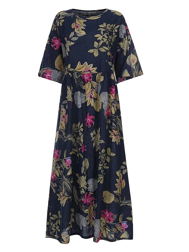 Women's Holiday Dress Floral Crew Neck Ruched Long Sleeve Fall Spring Casual Maxi long Dress Daily Dress Fall Dress Black Dress Loose Fit - LuckyFash™