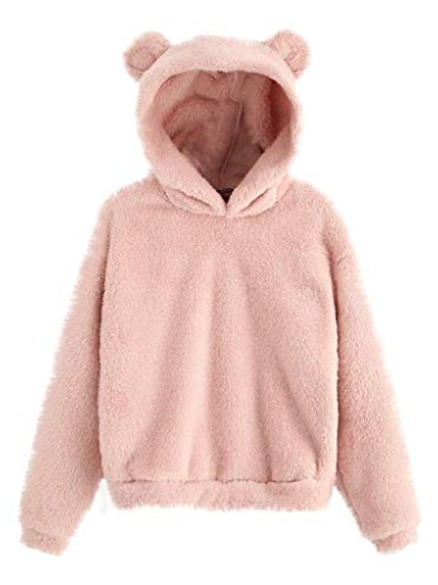 women's fleece fuzzy bear ear hooded sweatshirts hoodie long sleeve casual pullover tops multicolor - LuckyFash™