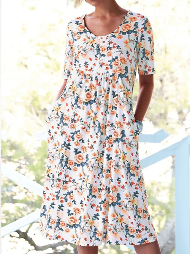 Women's Floral Dress Knee Length Dress Orange Red Short Sleeve Floral Pocket Print Spring Summer Crew Neck Casual 2022 M L XL XXL 3XL - LuckyFash™