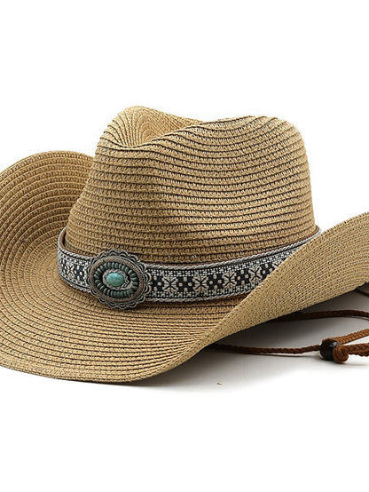 Turquoise Decoration Western Cowboy Hat Men Women Cowgirl Summer Straw Hats For Lady Sun Hat Beach Cowgirl Jazz Hat - LuckyFash™