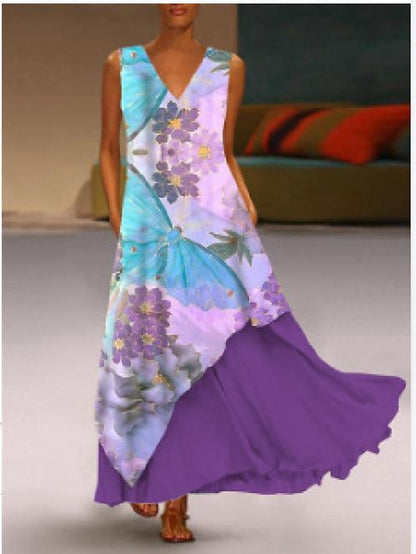 Women's Floral Shift Dress Blue Purple Pink Sleeveless Spring Summer V Neck Modern M L XL XXL XXXL 4XL 5XL - LuckyFash™