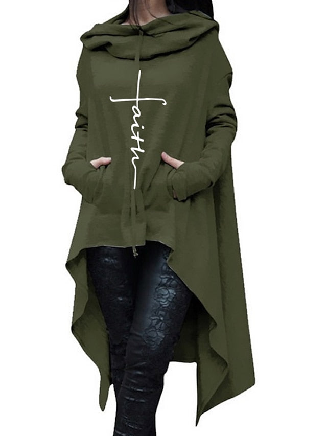 women's faith hoodie sweatshirt irregular hem midi long hooded pullover casual loose sweater tracksuit black - LuckyFash™