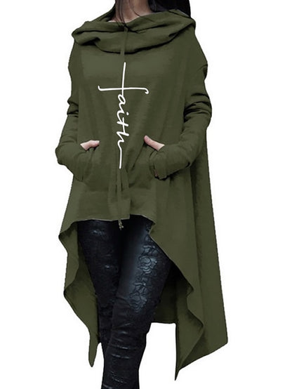 women's faith hoodie sweatshirt irregular hem midi long hooded pullover casual loose sweater tracksuit black - LuckyFash™