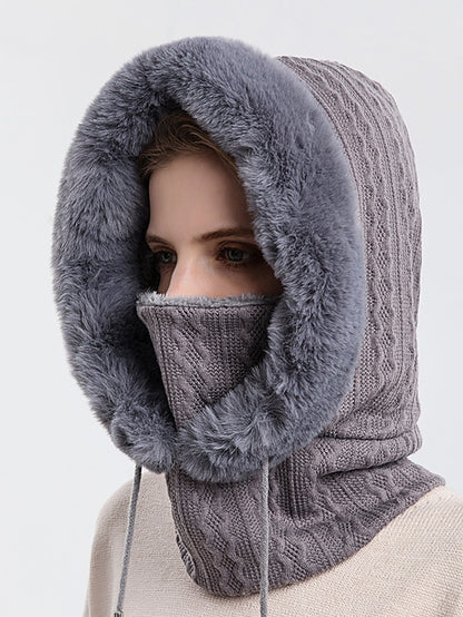 High Quality Winter Fur Cap Mask Set Hooded for Women Knitted Cashmere Neck Warm Outdoor Ski Windproof Hat Thick Plush Fluffy Beanies - LuckyFash™