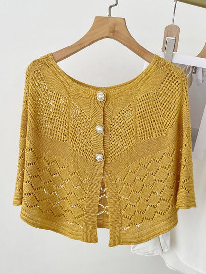 Solid Color Knitted Hollow Shawl Women's Summer Air-conditioned Elegant Vest with Pearl Button Womens Cape Sunscreen Fake Collar - LuckyFash™