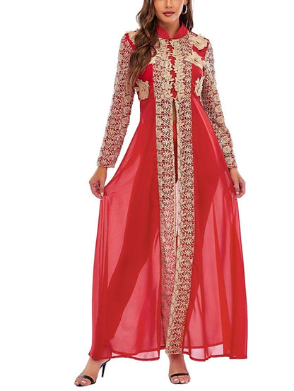 Kaftan Dress Long Dress Maxi Dress Green Black Blue Long Sleeve Floral Embroidered Spring Stand Collar Romantic Spring Dress Summer Dress  S M L XL XXL for Women - LuckyFash™