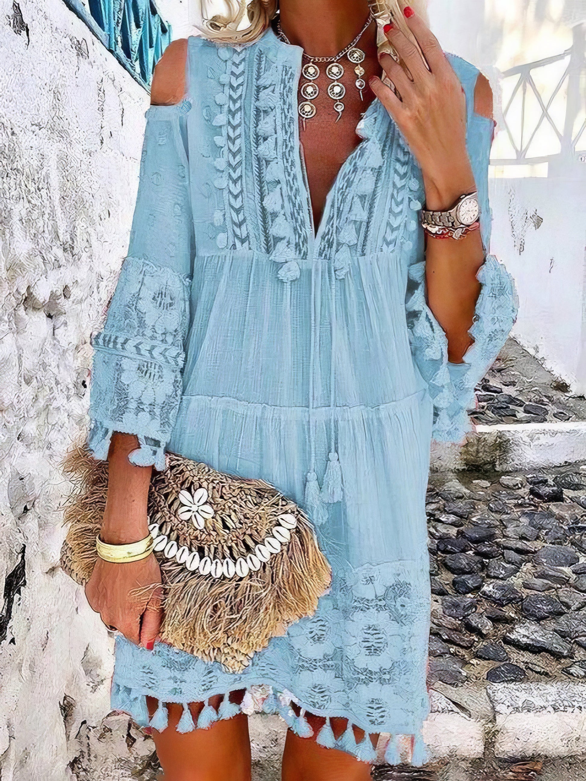 Cute Tassel Off Shoulder Deep V-neck Dress - LuckyFash™