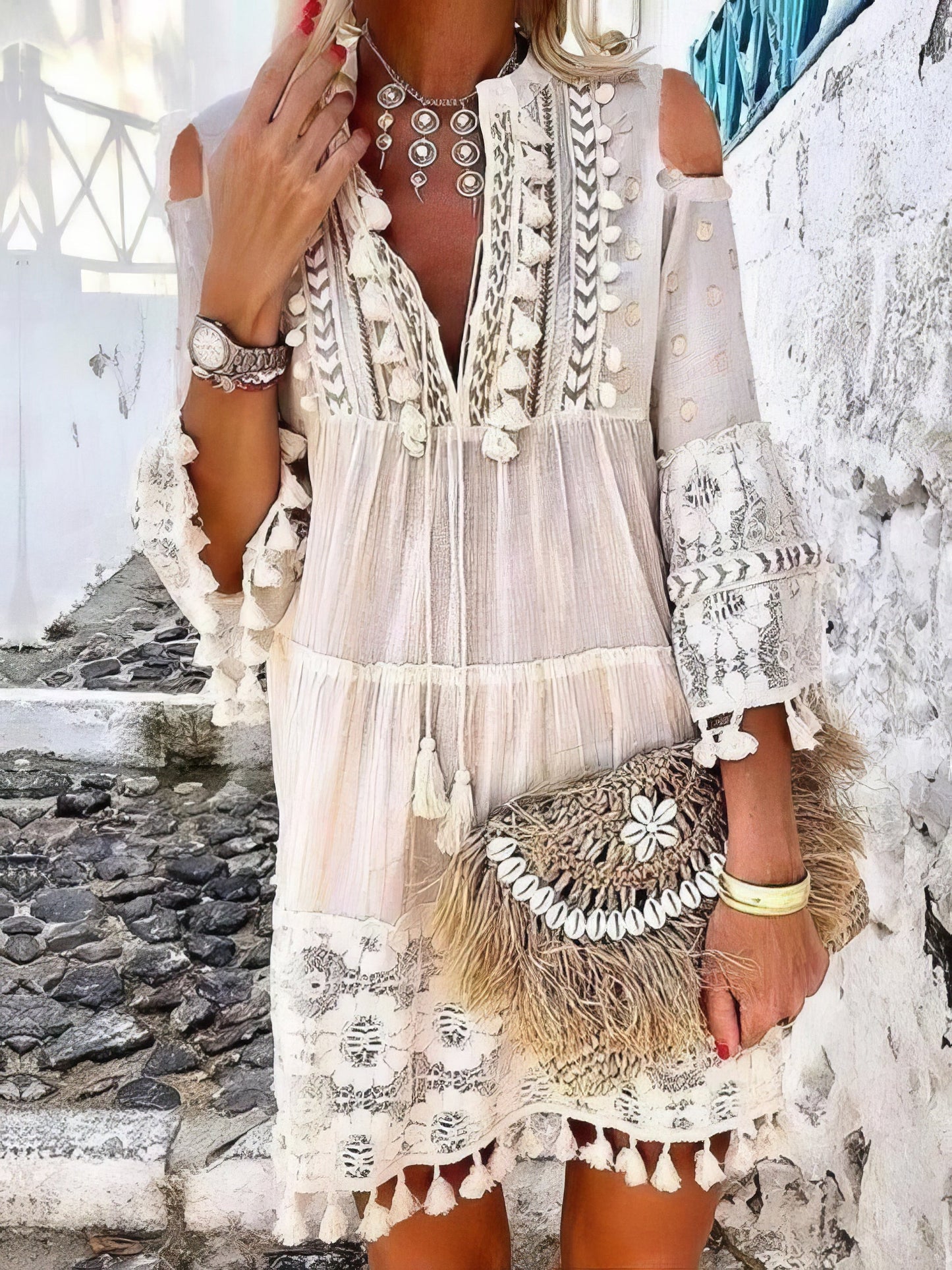 Cute Tassel Off Shoulder Deep V-neck Dress - LuckyFash™