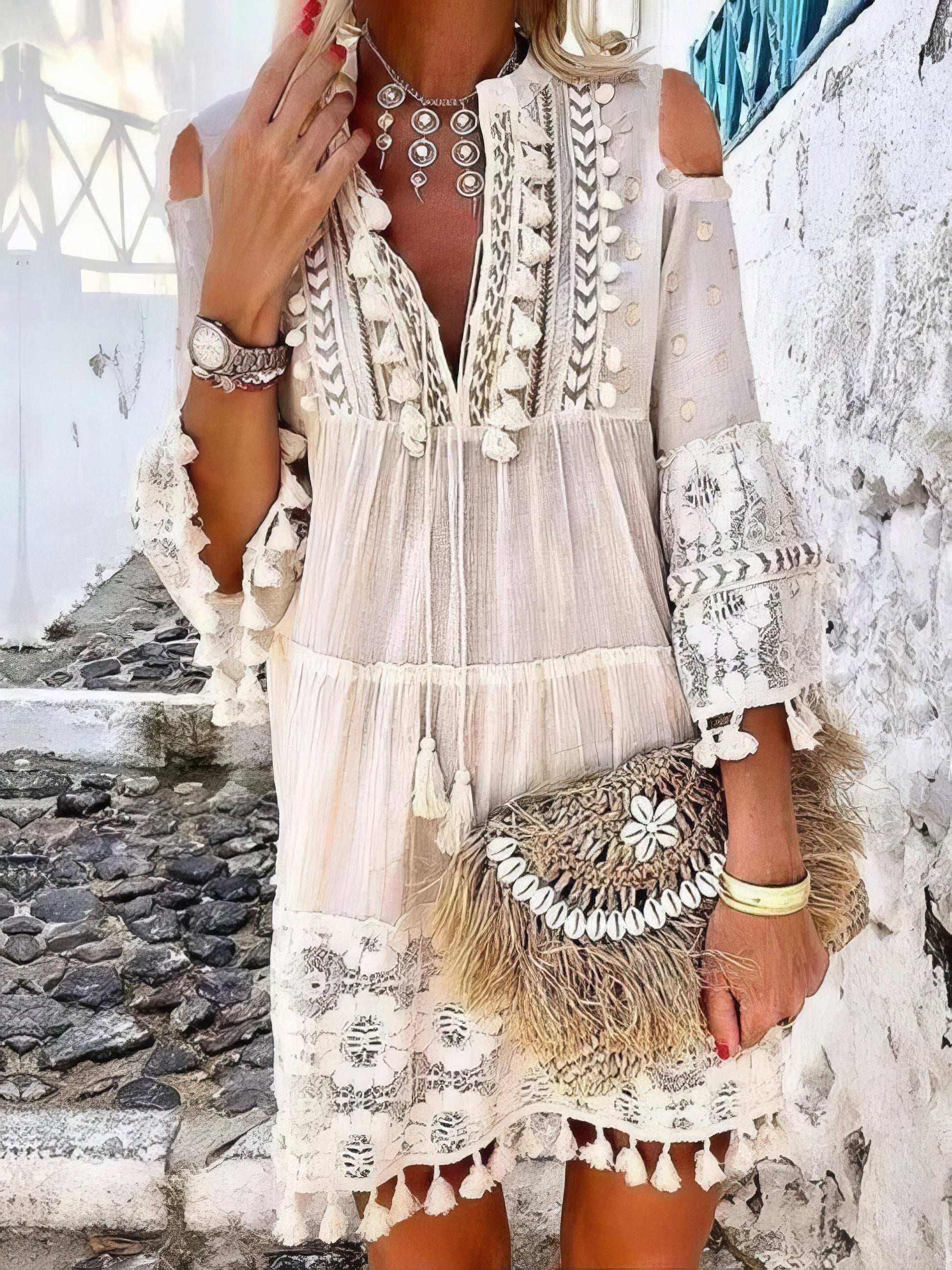 Cute Tassel Off Shoulder Deep V-neck Dress - LuckyFash™