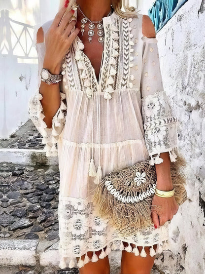 Cute Tassel Off Shoulder Deep V-neck Dress - LuckyFash™