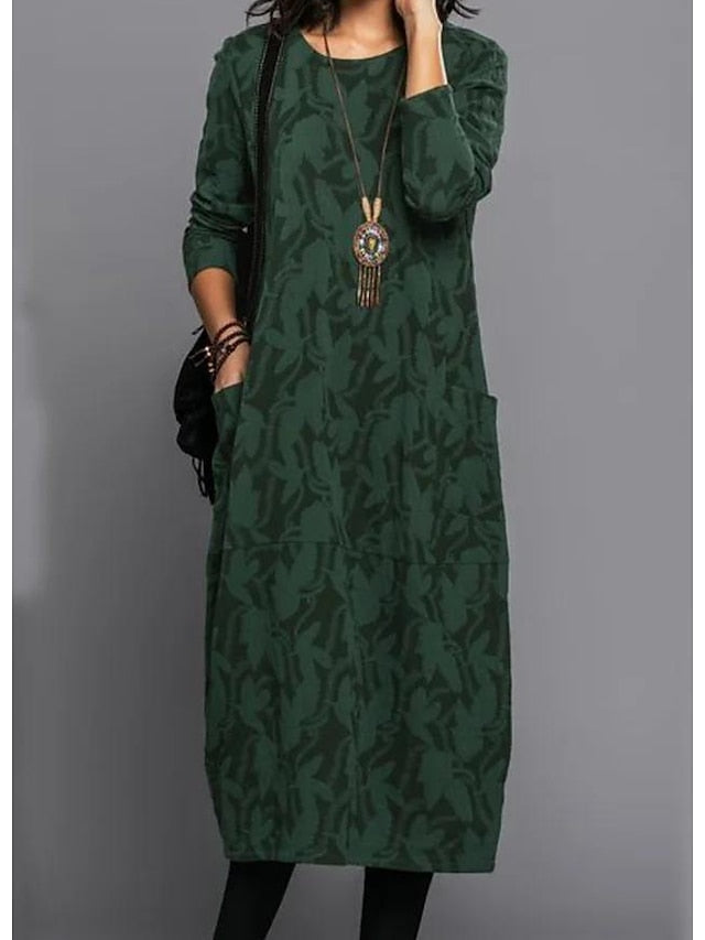 Women's Ethnic Dress Shift Dress Midi Dress Dark Green 3/4 Length Sleeve Print Ruched Winter Fall Autumn Crew Neck Casual 2023 S M L XL 2XL 3XL - LuckyFash™