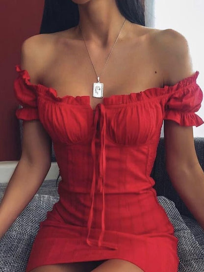 Women's Holiday Dress Sheath Dress Mini Dress Red Short Sleeve Pure Color Patchwork Summer Spring Off Shoulder Sexy Slim 2023 S M L XL - LuckyFash™