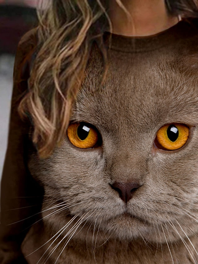 Women's Hoodie Sweatshirt Cat Graphic 3D Print Daily 3D Print Basic Casual Hoodies Sweatshirts  Gray Brown White - LuckyFash™