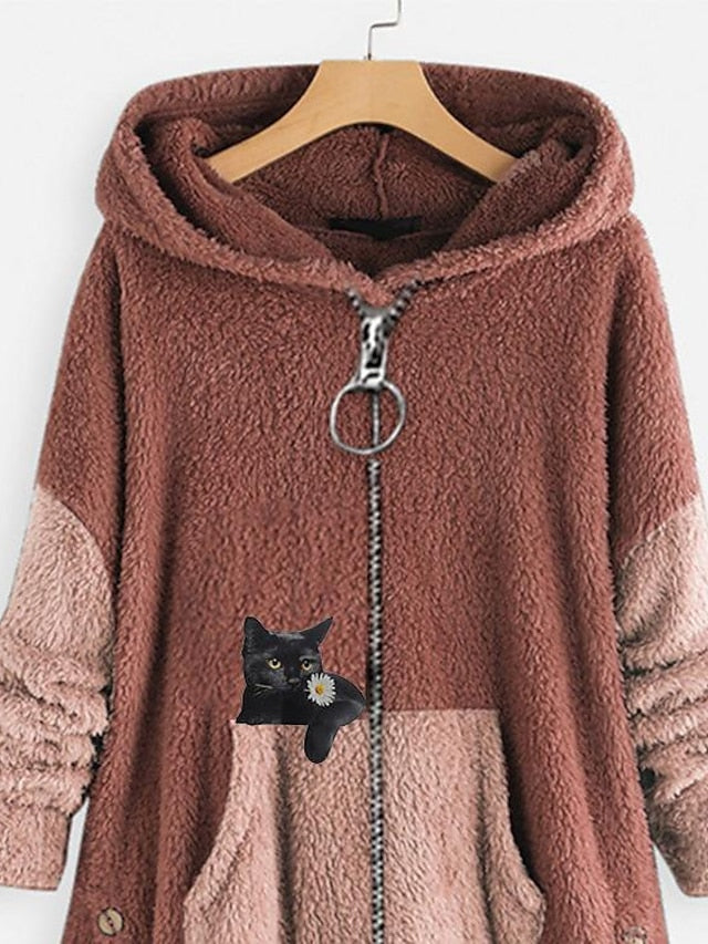 Fleece Jacket Pullover Casual Sherpa Fleece Teddy Zip Up Front Pocket Black Light Green Pink Cat Street Hoodie Plus Size Long Sleeve Fleece for Women - LuckyFash™