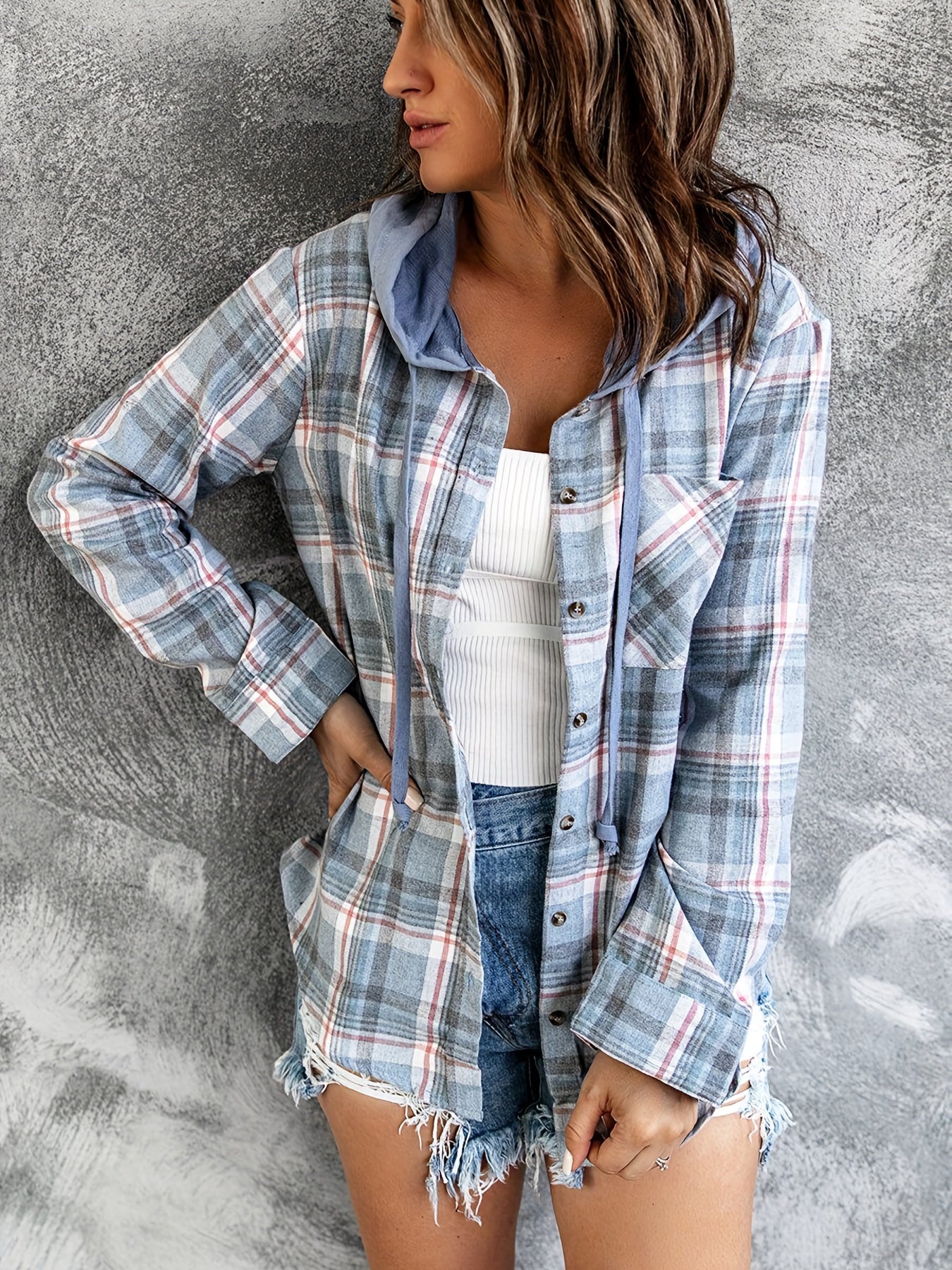Hooded Plaid Print Blouse, Casual Button Front Drawstring Long Sleeve Blouse, Women's Clothing