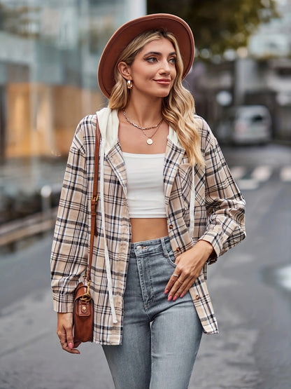 Hooded Plaid Print Blouse, Casual Button Front Drawstring Long Sleeve Blouse, Women's Clothing
