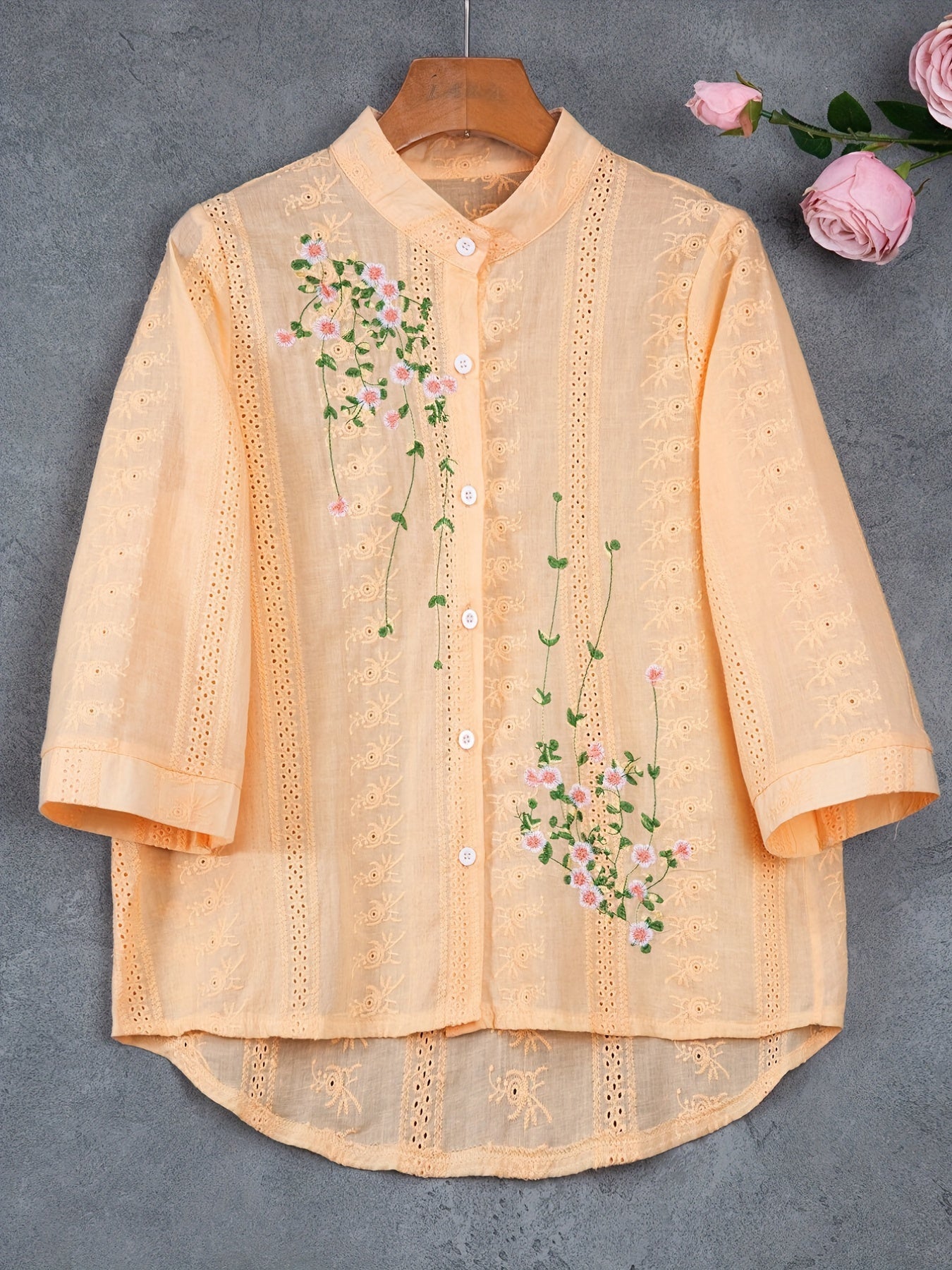 Eyelet Floral Embroidered Blouse, Elegant Button Front Blouse For Spring & Summer, Women's Clothing