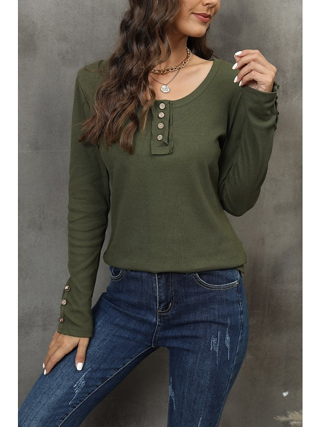 Henley Shirt Pullover Sweatshirt Black White Red Plain Button Long Sleeve Casual Basic Round Neck Regular S for Women - LuckyFash™