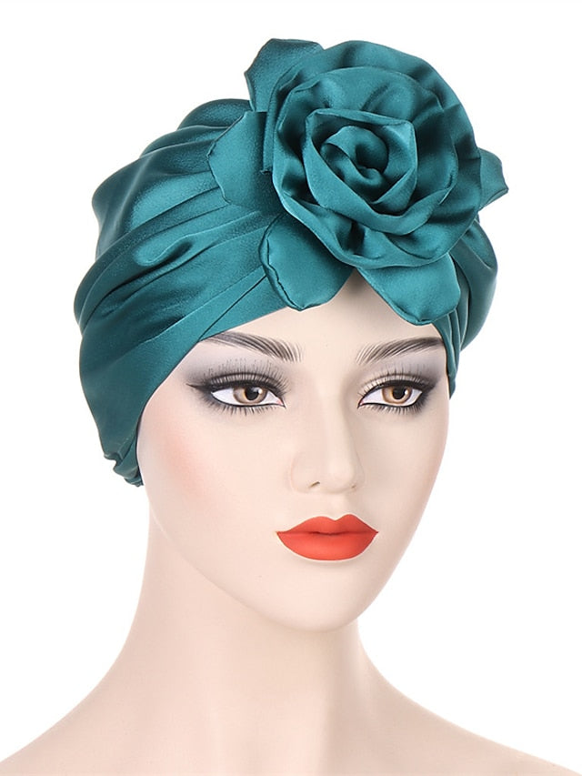 Big Flower Muslim Women Turban Satin Head Wrap Hijab Sleep Night Hat Hair Care Cap Indian Elastic Beanie Ladies Hair Loss Headwear - LuckyFash™