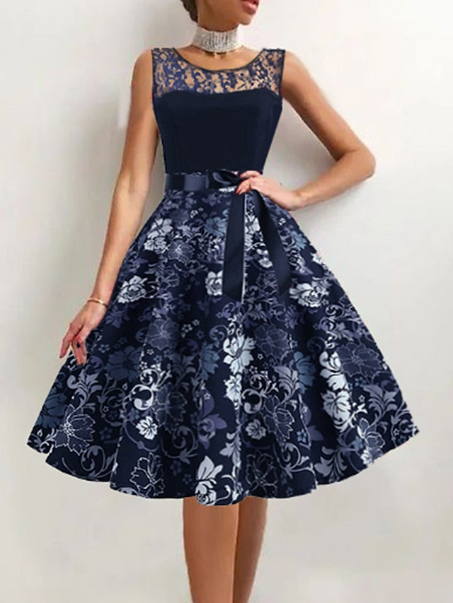 Women's Elegant Retro Vintage Tea Dresses Swing Dress Midi Dress Party Birthday Lace Bow Floral Crew Neck Sleeveless Regular Fit Spring Summer 2023 Dark Blue S M L XL - LuckyFash™