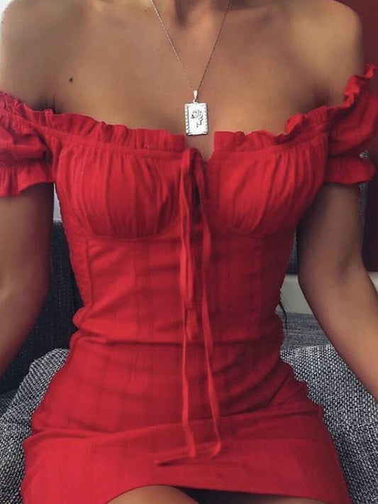 Women's Holiday Dress Sheath Dress Mini Dress Red Short Sleeve Pure Color Patchwork Summer Spring Off Shoulder Sexy Slim 2023 S M L XL - LuckyFash™
