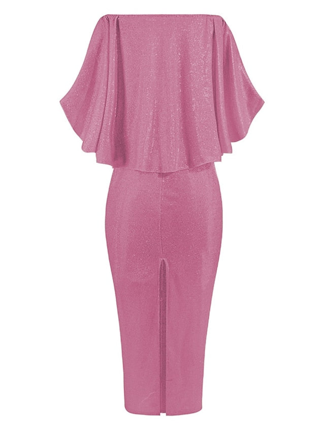 Formal Party Dress Cocktail Dress Long Dress Maxi Dress Silver Black Champagne Half Sleeve Pure Color Cold Shoulder Winter Fall Spring Off Shoulder Mature Evening Party Wedding for Women - LuckyFash™