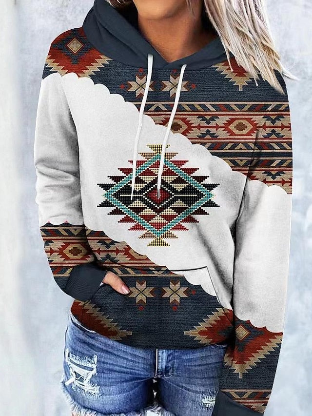 Hoodie Sweatshirt Pullover Ethnic Front Pocket dark brown Gray Green Sea Blue Geometric Street Hoodie Long Sleeve for Women - LuckyFash™