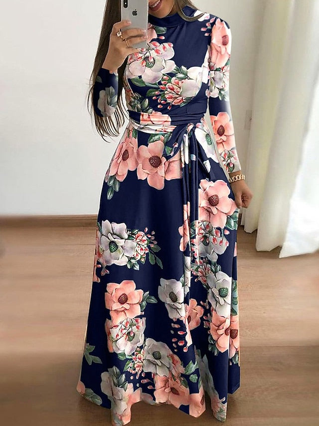 Women's Floral Casual Dress Swing Dress Floral Dress Long Dress Maxi Dress Black Navy Blue Light Blue Short Sleeve Lace up Spring Summer Turtleneck Hot Slim 2023 S M L XL XXL 3XL 4XL 5XL - LuckyFash™
