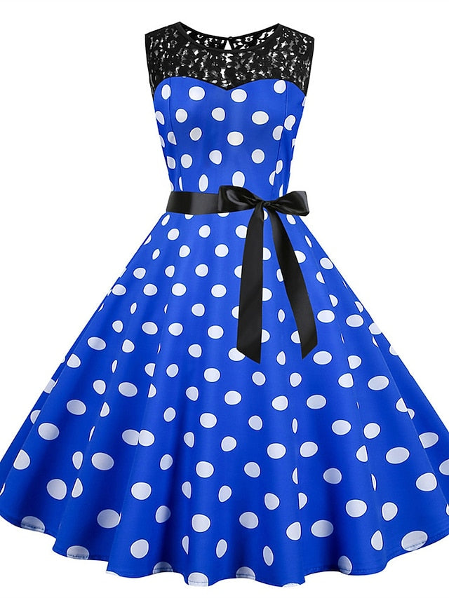 Women's Elegant Retro Vintage Dress Midi Dress Outdoor Holiday Lace Polka Dot Crew Neck Sleeveless Regular Fit Summer Spring 2023 Black White S M L XL - LuckyFash™