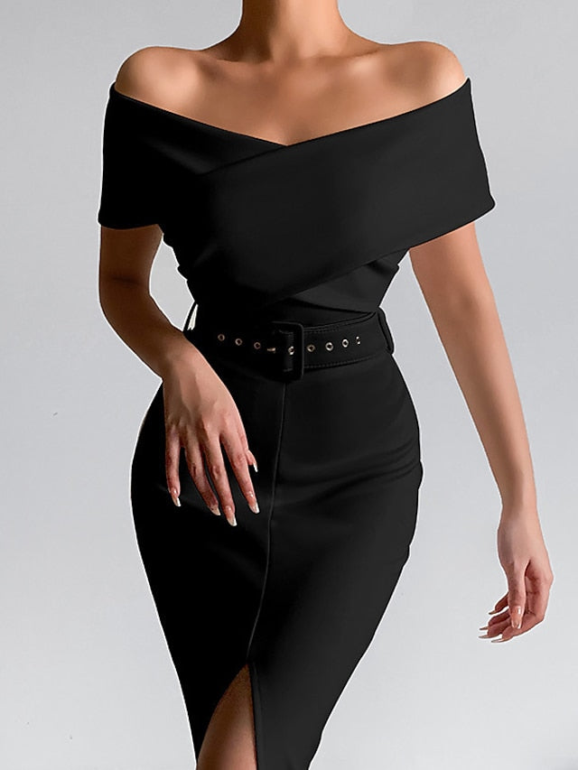 Womenâ€˜s Formal Party Dress Wedding Guest Dress Bodycon Sheath Dress Midi Dress Black White Pink Short Sleeve Pure Color Backless Spring Summer Autumn Off Shoulder Stylish Slim 2023 S M L XL XXL 3XL - LuckyFash™