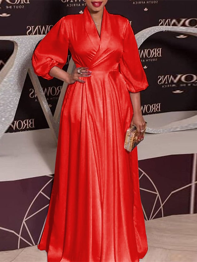 Womenâ€˜s Formal Party Dress Wedding Guest Dress Swing Dress Long Dress Maxi Dress Green Black Red Half Sleeve Pure Color Ruched Winter Fall V Neck Mature Evening Party 2023 S M L XL XXL 3XL - LuckyFash™