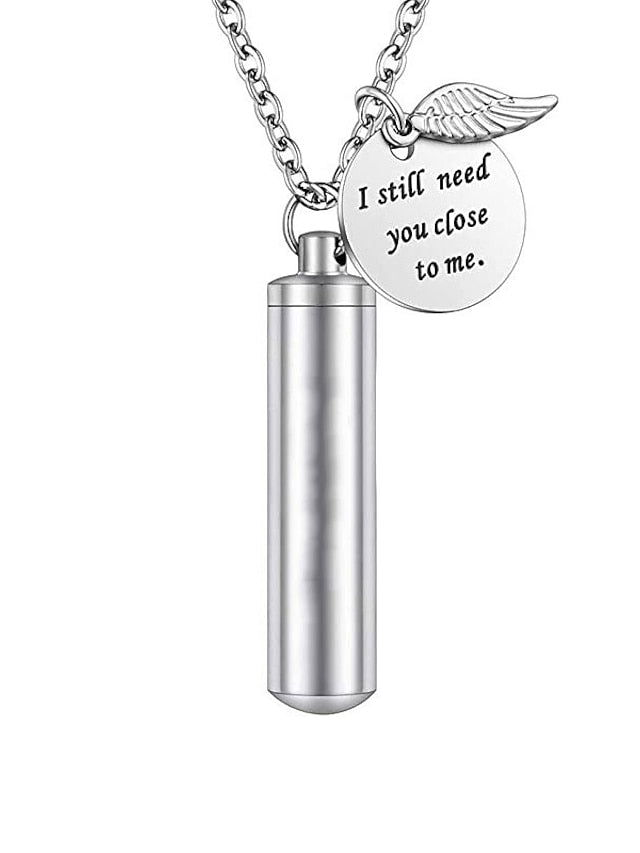 cylinder urn necklace for ashes cremation jewelry/keychain for human pet stainless steel memorial keepsake pendant with angel wing charm ashes jewelry-silver m - LuckyFash™