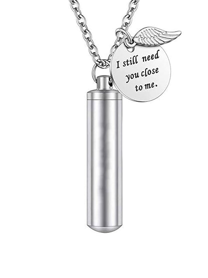 cylinder urn necklace for ashes cremation jewelry/keychain for human pet stainless steel memorial keepsake pendant with angel wing charm ashes jewelry-silver m - LuckyFash™
