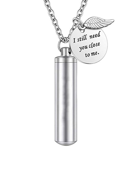 cylinder urn necklace for ashes cremation jewelry/keychain for human pet stainless steel memorial keepsake pendant with angel wing charm ashes jewelry-silver m - LuckyFash™