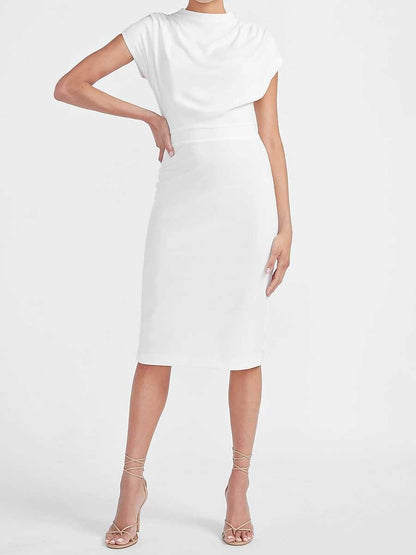 Draped Sleeve Mock Neck Sheath Dress - LuckyFash™