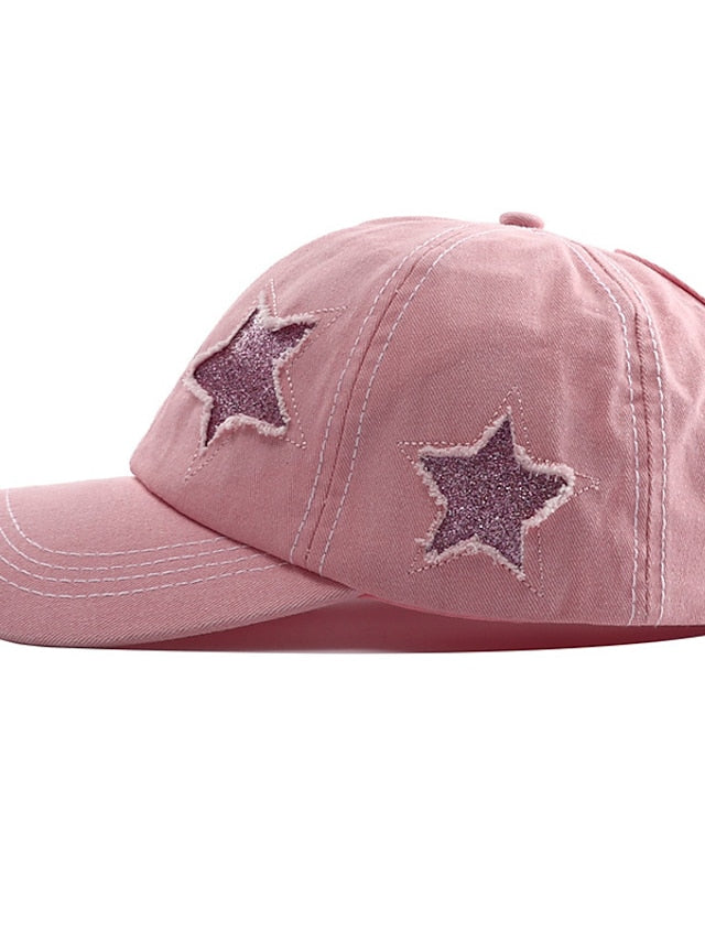 Men Washed Cotton Baseball Cap Glitter Star Embroidery Vintage Distressed Messy High Bun Ponytail Hole Trucker Hat Womens Adjustable Sun Hat - LuckyFash™