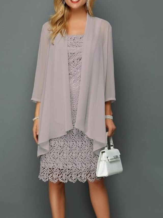 Women's Lace Dress Dress Set Two Piece Dress Midi Dress Light Grey 3/4 Length Sleeve Pure Color Lace Summer Spring Fall Square Neck Elegant Wedding Guest Vacation 2023 S M L XL XXL 3XL 4XL 5XL 6XL - LuckyFash™