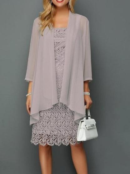 Women's Lace Dress Dress Set Two Piece Dress Midi Dress Light Grey 3/4 Length Sleeve Pure Color Lace Summer Spring Fall Square Neck Elegant Wedding Guest Vacation 2023 S M L XL XXL 3XL 4XL 5XL 6XL - LuckyFash™