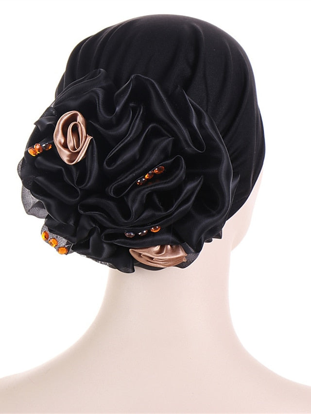 Women Solid Color Back Big Flower New Turban Muslim Hijab Caps Satin Flowers Arab Wrap Inner Hijabs Bonnet Hat Headdress - LuckyFash™