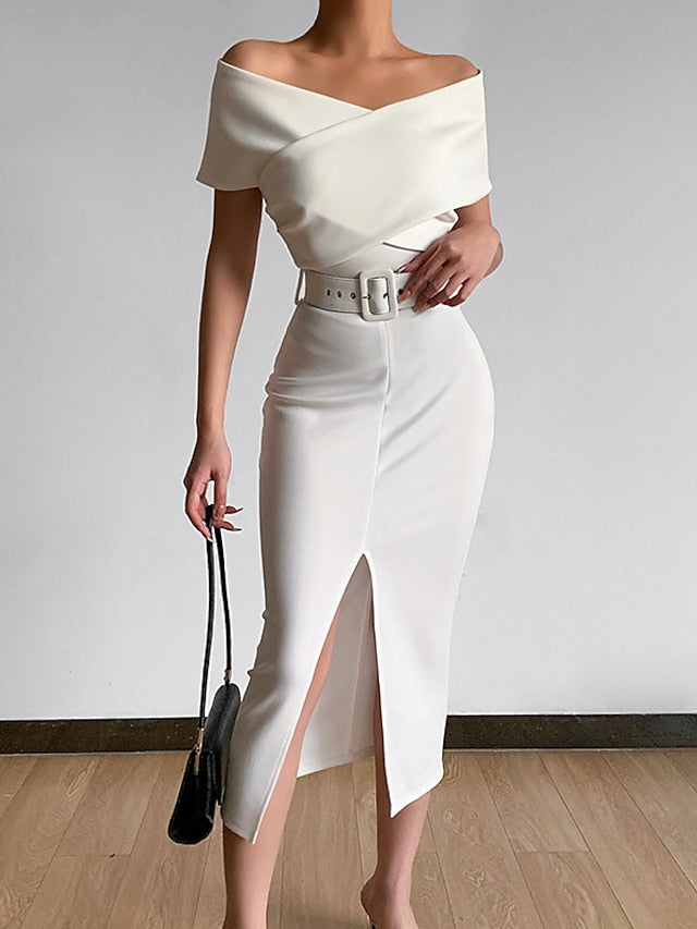 Womenâ€˜s Formal Party Dress Wedding Guest Dress Bodycon Sheath Dress Midi Dress Black White Pink Short Sleeve Pure Color Backless Spring Summer Autumn Off Shoulder Stylish Slim 2023 S M L XL XXL 3XL - LuckyFash™
