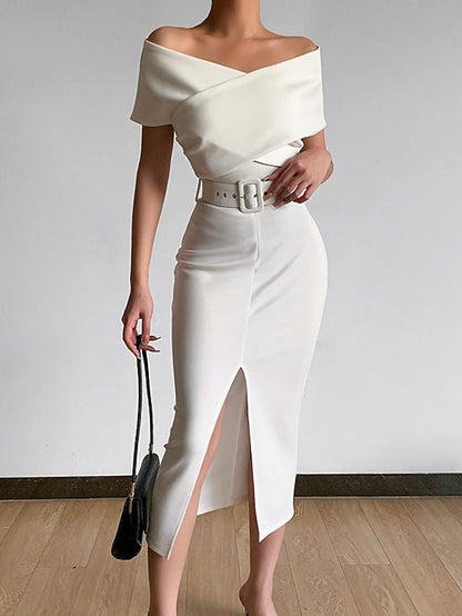 Womenâ€˜s Formal Party Dress Wedding Guest Dress Bodycon Sheath Dress Midi Dress Black White Pink Short Sleeve Pure Color Backless Spring Summer Autumn Off Shoulder Stylish Slim 2023 S M L XL XXL 3XL - LuckyFash™