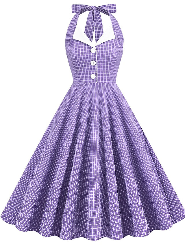 Women's Elegant Retro Vintage Dress Midi Dress Outdoor Daily Ruched Backless Plaid Halter Sleeveless Slim Summer Spring 2023 Lake blue Almond S M L XL - LuckyFash™