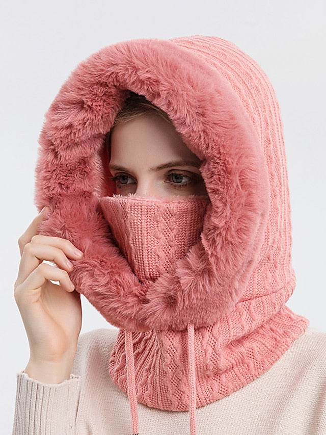 High Quality Winter Fur Cap Mask Set Hooded for Women Knitted Cashmere Neck Warm Outdoor Ski Windproof Hat Thick Plush Fluffy Beanies - LuckyFash™